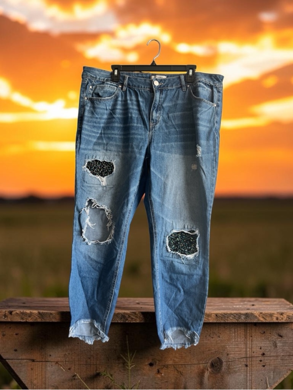 refuge Blue Distressed Denim Jeans with Patch Details